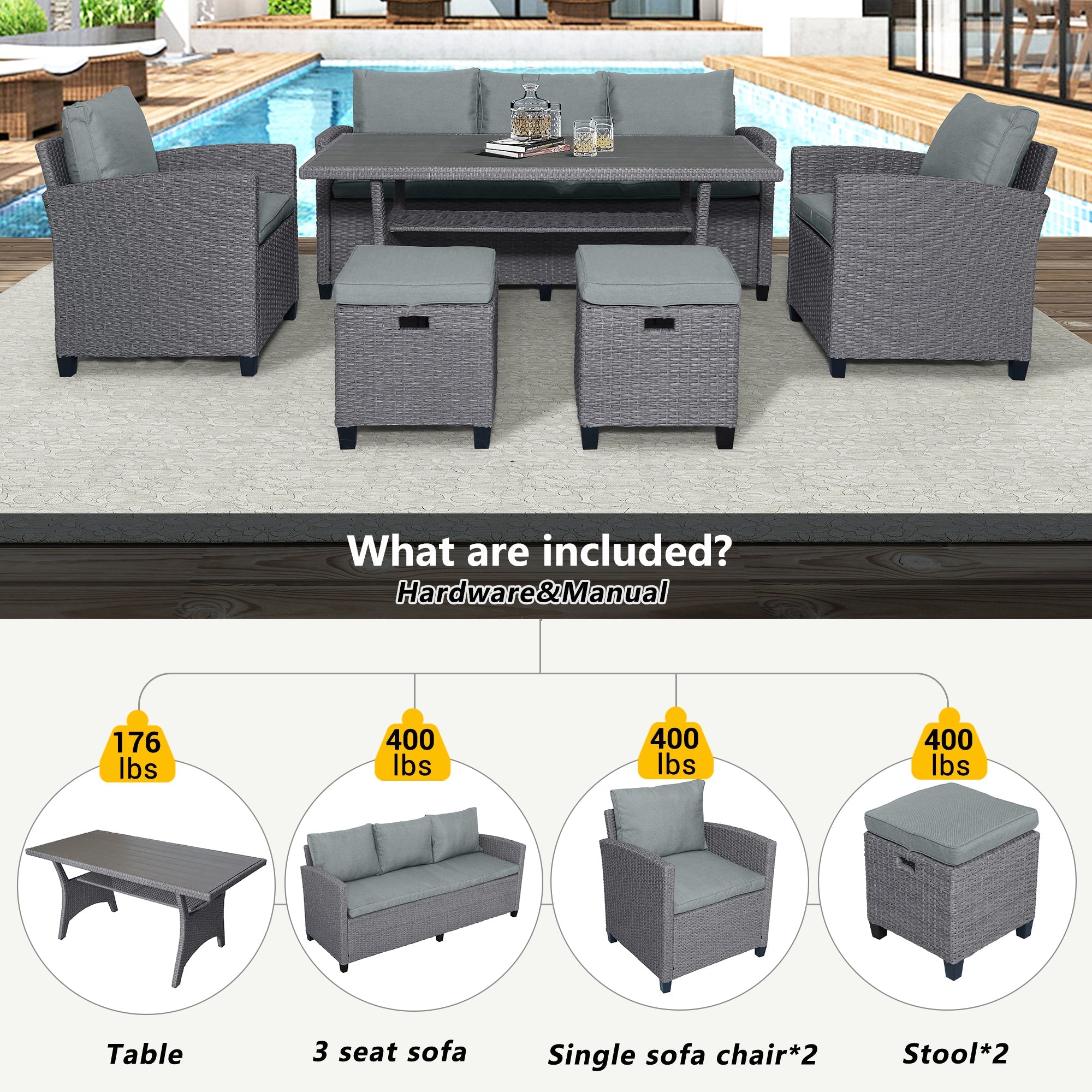 6-Piece Outdoor Rattan Wicker Set Patio Garden Backyard Sofa, Chair,